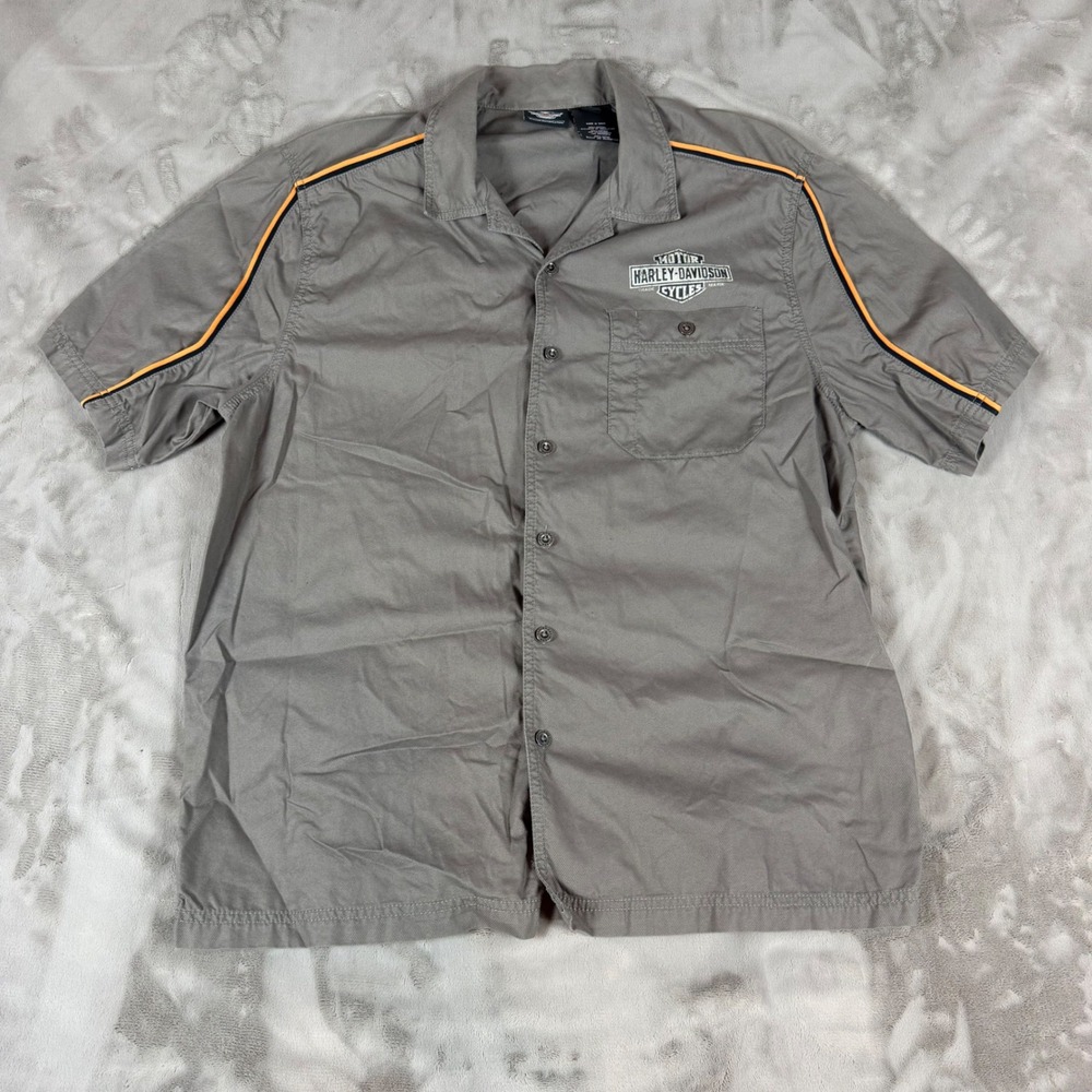 Harley-Davidson Mens Gray Short Sleeve Button Up Racing Stripe Shirt Large